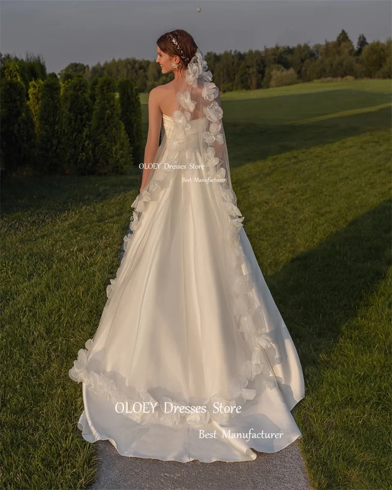 OLOEY-Robe de Mariée en Satin Simple de Bonne Qualité, Plissée Sans Bretelles, pour Patients Fendus, Voile Libre, Longueur au Sol