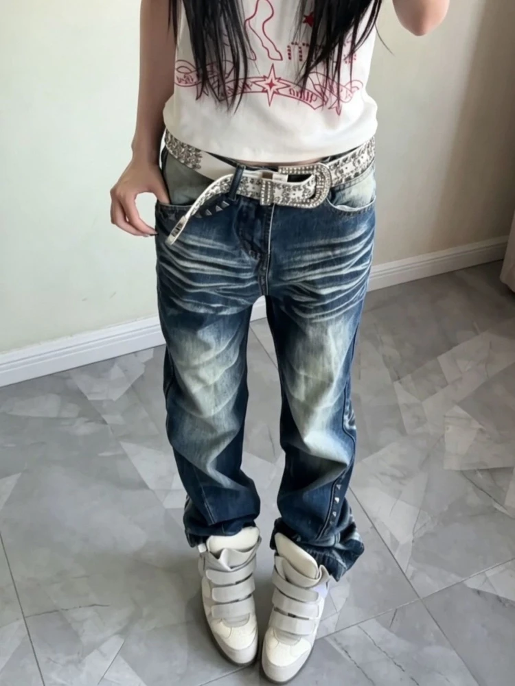 American Vintage Washed Distressed Pleated Button Jeans Women Streetwear Y2k Retro Full Length Denim Pants Rivet Slim 2026