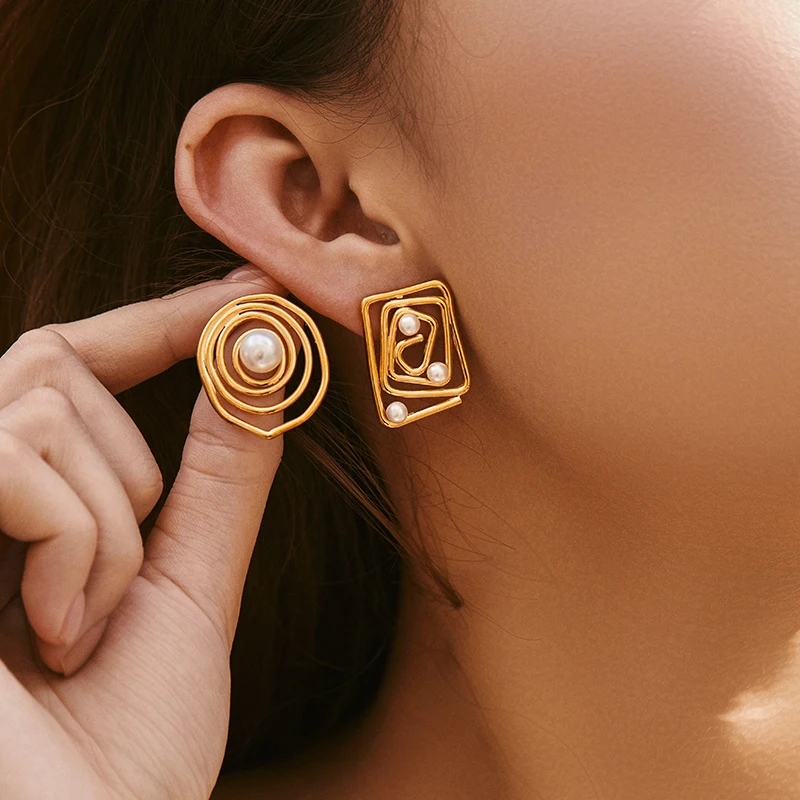 PRISCA | Geometric Pearl Earrings for Women Stainless Steel Korean Fashion Charms Jewelry Original Design