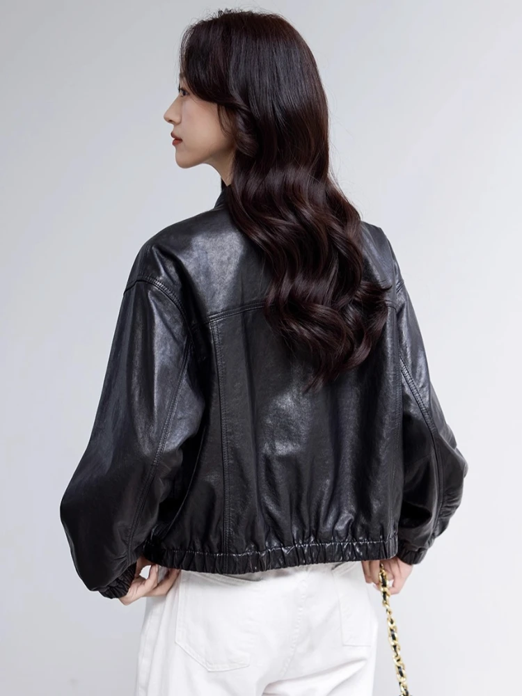 Oネックカジュアル本革ジャケット レディース 春秋 2025 高級 シンプル ソフトオイルワックス ブラック ショート 本革シープスキンコート