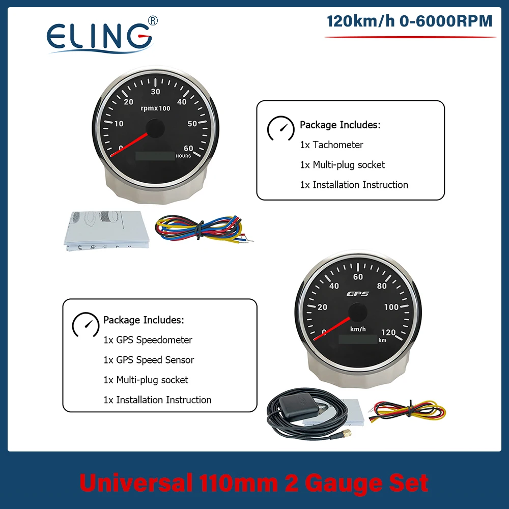 ELING 110mm 2 Gauge Set GPS Speedometer 60 120 200 km/h 80 120 160 MPH 4K 6K 7K 8K Tachometer with 7 Colors Backlight 12V 24V