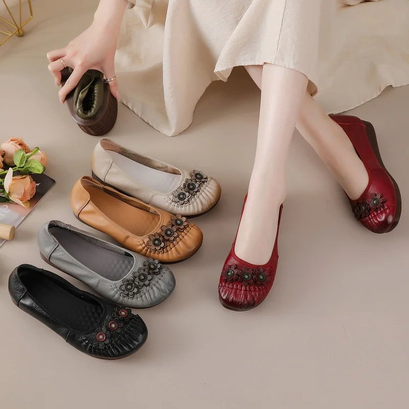 

New real leather floral ballet flats women's retro boho slip on shoes ladies shallow moccasins mom casual daily lazy shoes flats