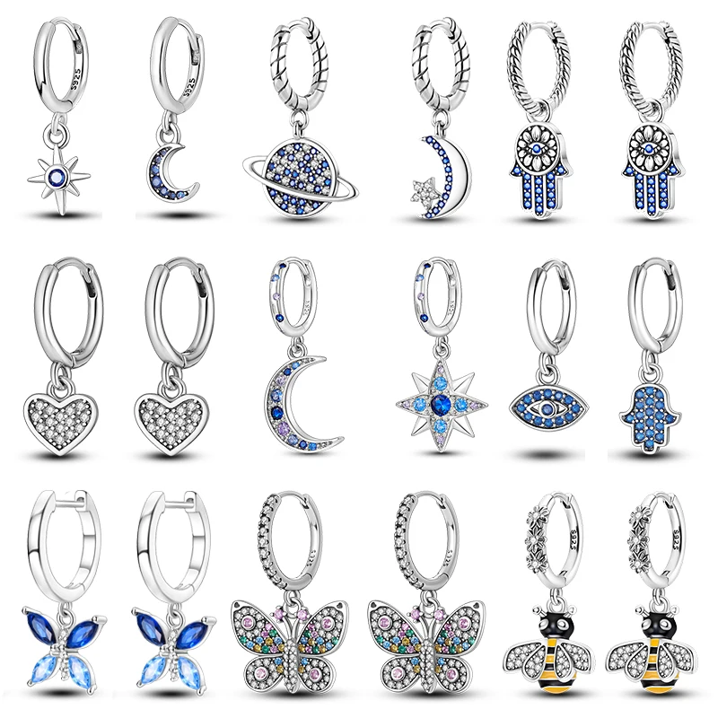 Pandach Creolen aus 925er Silber für Damen, funkelnder Stern, Mond, Schmetterling, herzförmig, feiner Ohrring, Valentinstag, Schmuck, Geschenke