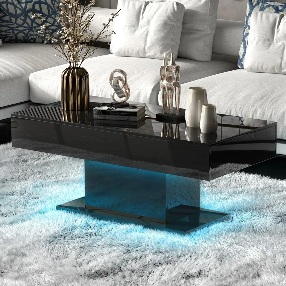 

Black Led Coffee Table for Living Room, Living Room Table Rectangular Center Table, Modern High Glossy Wooden Tea Tables with 16