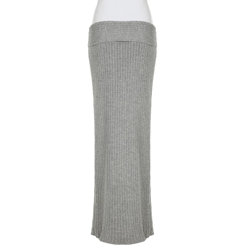 BIIKPIIK Concise Elegent Grey Women Long Skirts Casual Straight Knitted Skirts Autumn Winter Basic Low Waist Bottom New Outfits