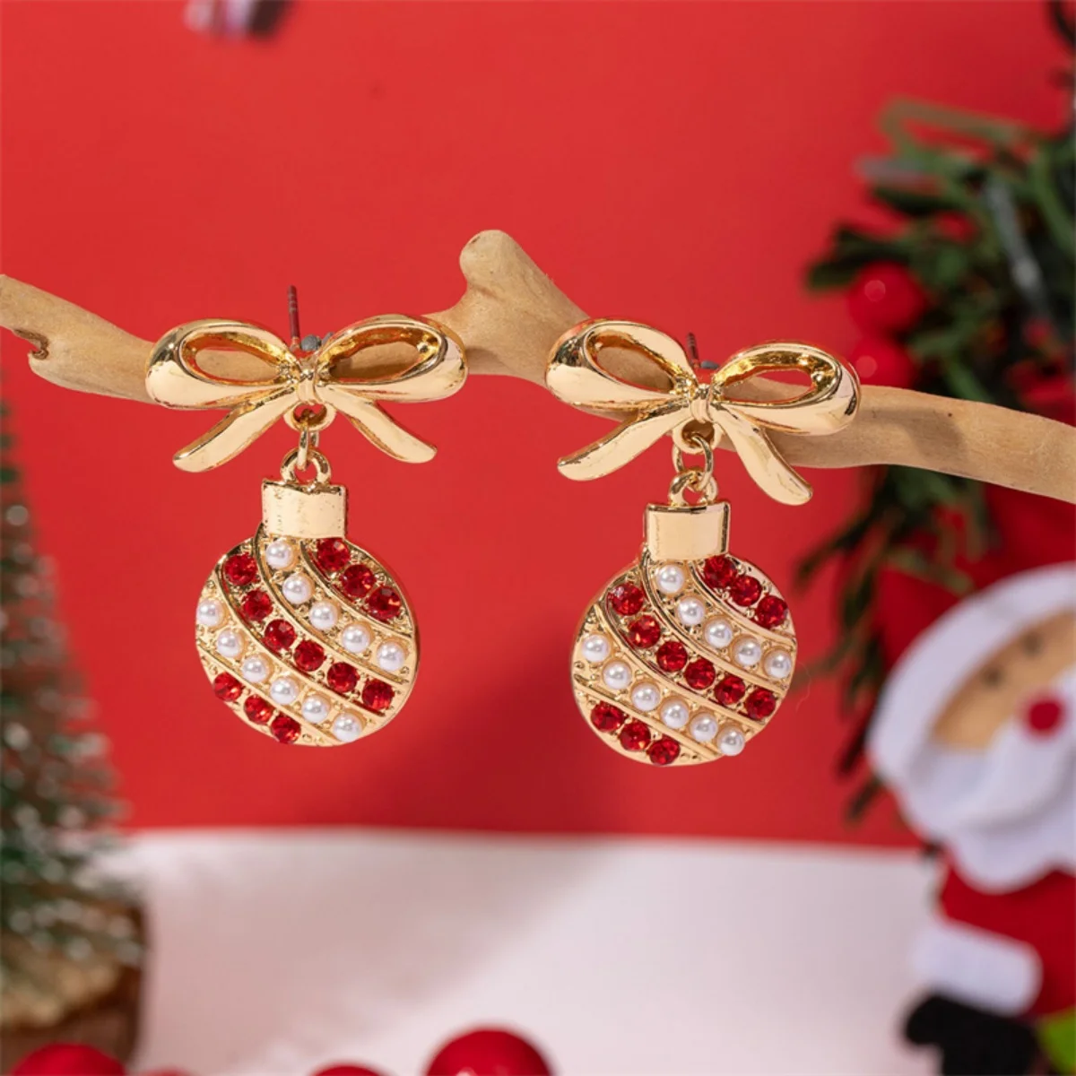 Christmas Earrings Bowknot Imitation Pearl Red Rhinestone Light Bulb Drop Earring New Year Holiday Jewelry Gift For Women Men