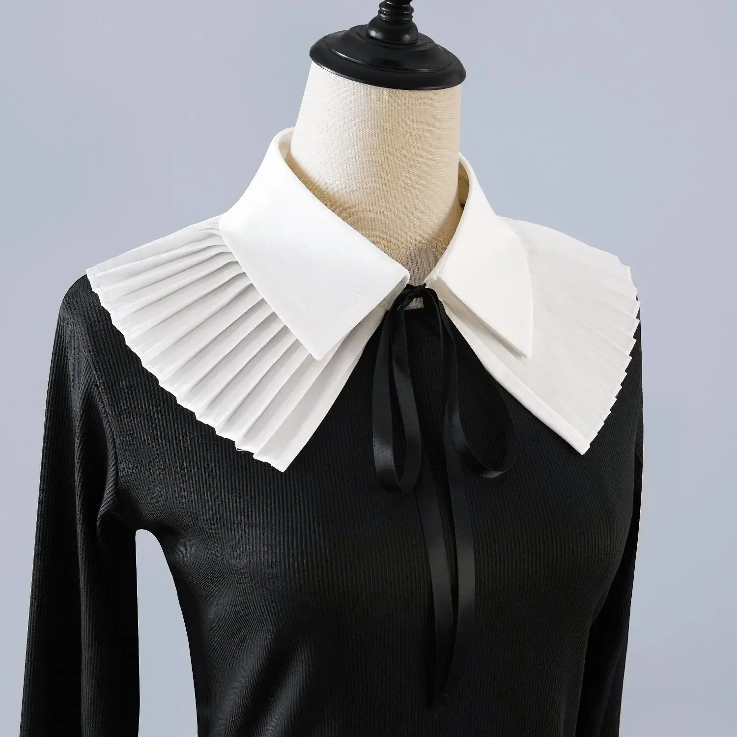 Double Layer Pleated Square Neck Fake Collar with Decorative Tie Strap Neck Accessory for Women