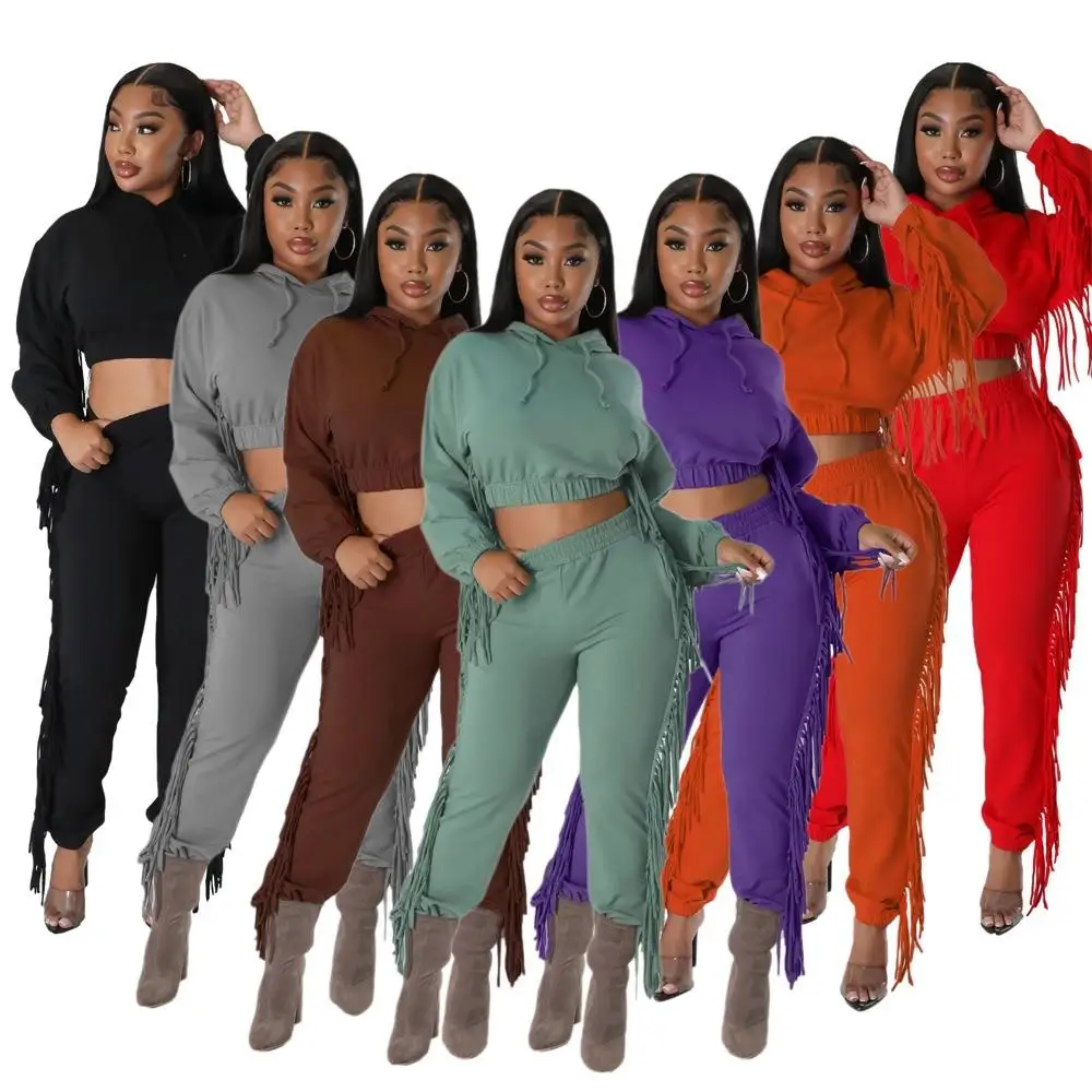 

Fashionable Hoodie Belly-Baring Sweatshirt Tassel Cuffed Pants Women's Autumn Winter Two-Piece Set Long Sleeve Color