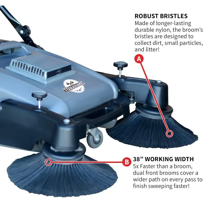 Tomahawk Industrial 38" Walk Behind Push Sweeper with Triple Power Side Brooms Floor Cleaning of Dust Litter Grass