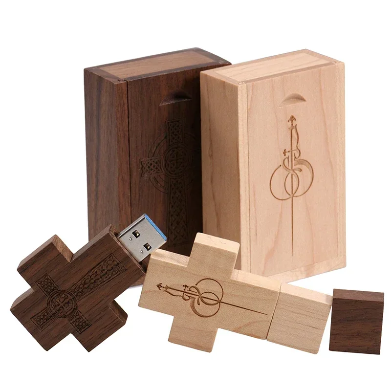 Wooden Cross Pen Drive Free Custom Logo Flash Drives Walnut Box Memory Stick Maple Real Capacity U Disk 128GB/64GB/32GB/16GB/8GB