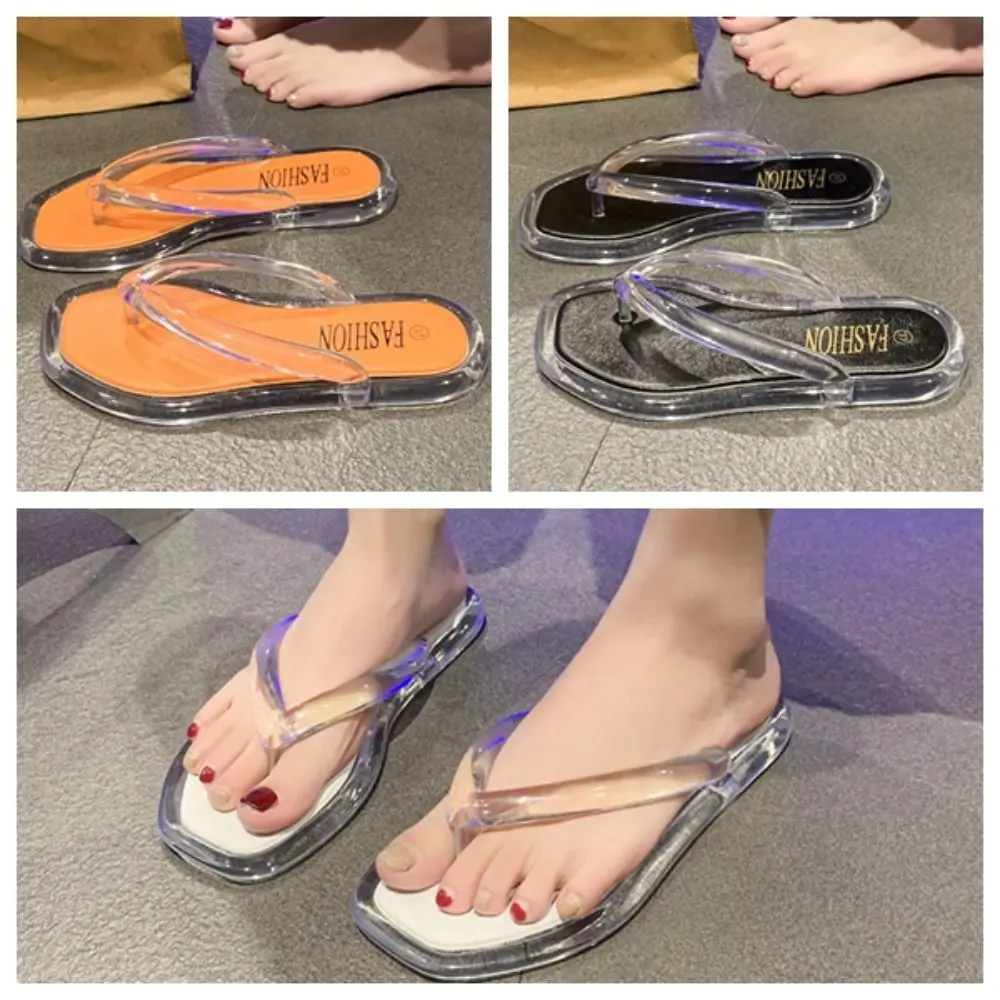 شباشب شفافة عصرية مضادة للانزلاق من مادة PVC أحذية مسطحة للشاطئ ملابس خارجية صنادل نسائية
