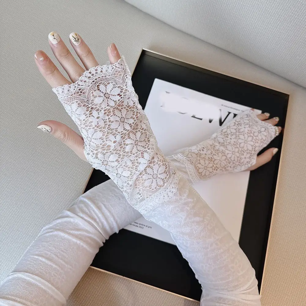 Anti-UV encaje mangas de seda de hielo protección solar guante de manga larga protector solar manga cubiertas de brazo aislamiento UV guantes de ciclismo mujeres