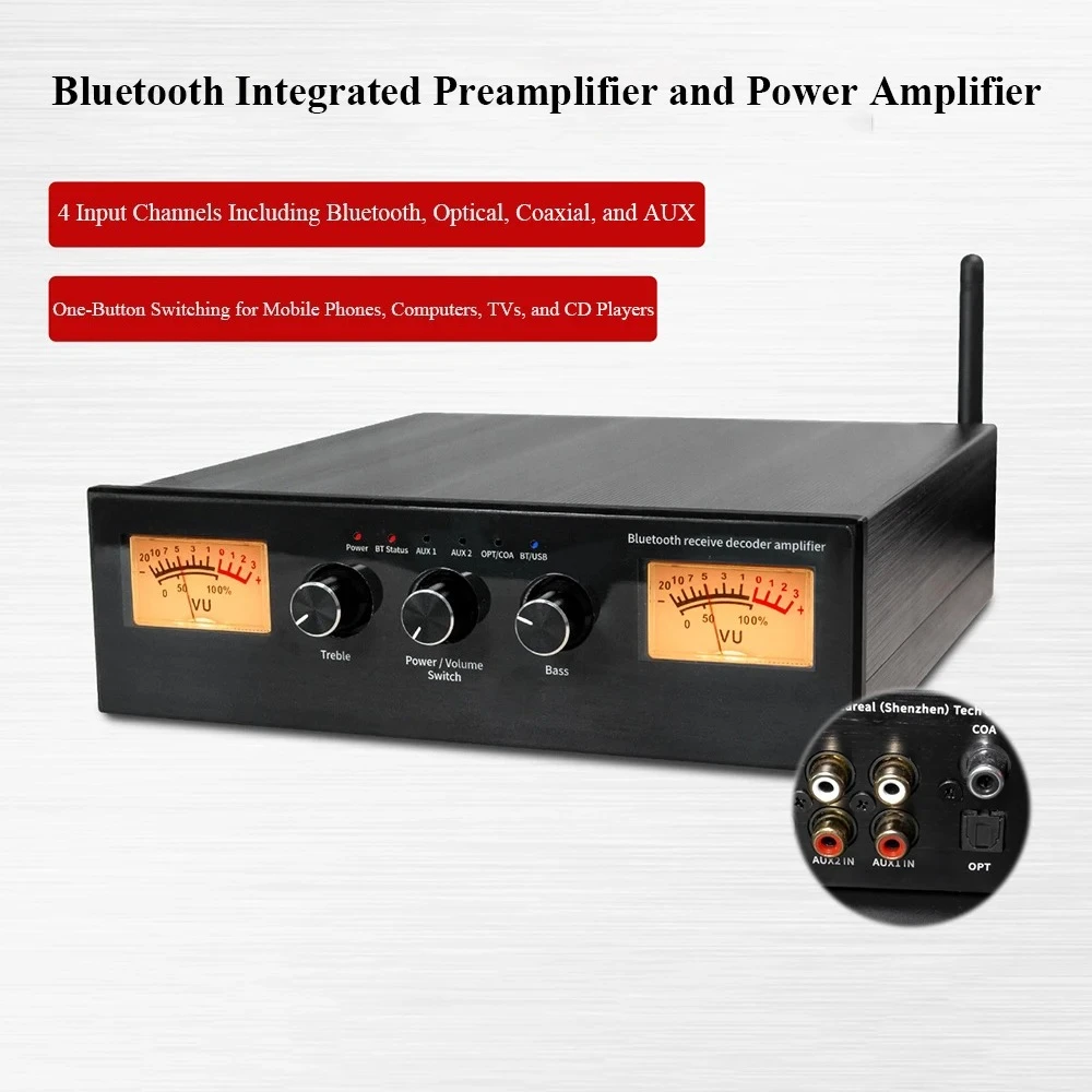 Lossless HIFI Audio Power Amplifier 200W Output Power Bluetooth 5.3 Dual VU Meters Home Amplifier Digital Optical Coaxial Input