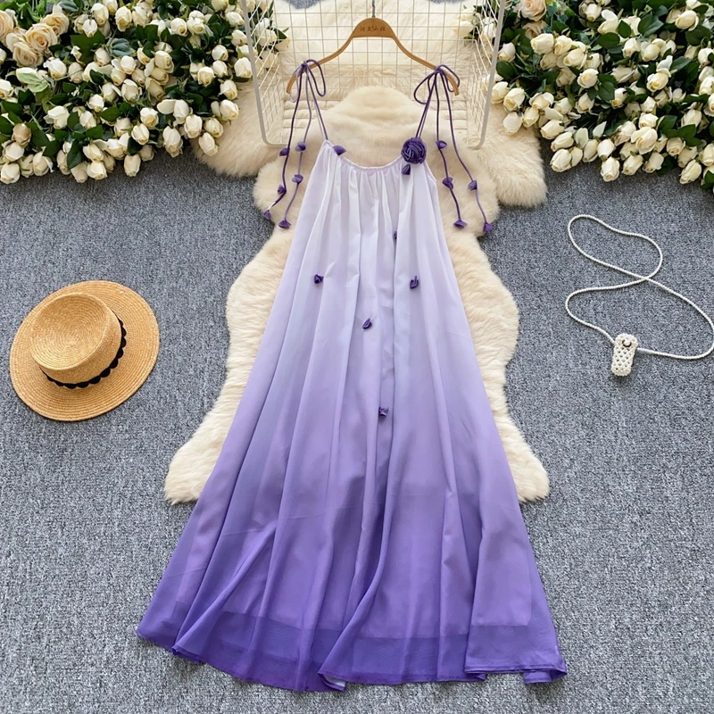

Subtle Vacation Style Gradient Purple Camisole Women Dress French Flower Loose Fairy Long Dress