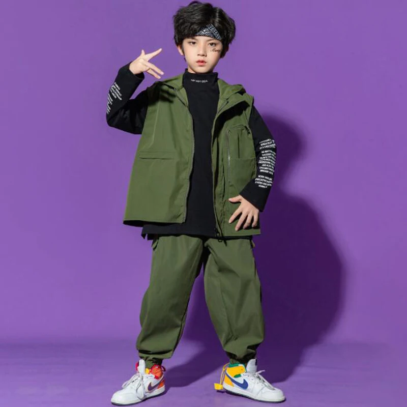 Kids Ballroom Hip Hop Clothing Army Green Jacket Hoodie Top Streetwear Tactical Cargo Jogger Pants for Girls Boys Dance Costume