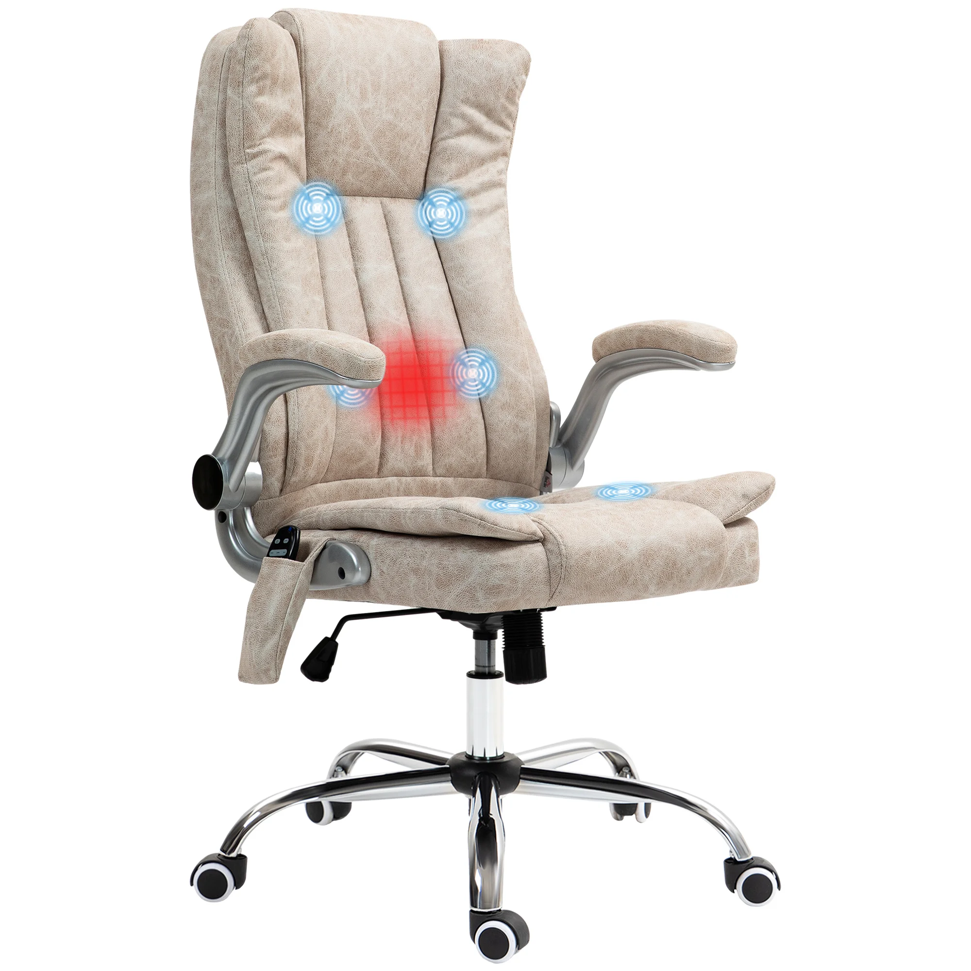 Vibration Massage Office Chair, High Back Heated Computer Chair with Flip-Up Armrest & Swivel Wheels, Cream White