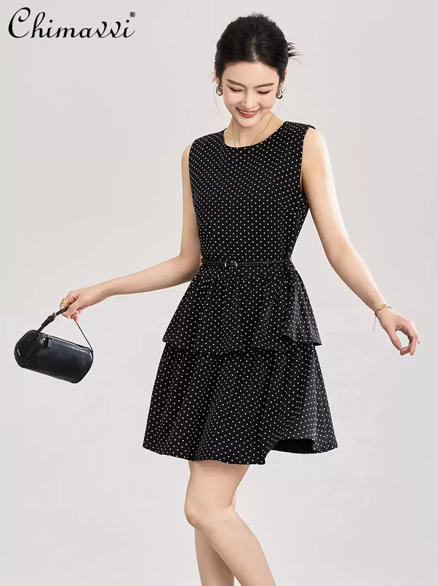 

2026 New Summer French Elegant Polka Dot Chiffon Dress Round Neck Sleeveless High Waist Belt Slim A-line Black Short Dress Women