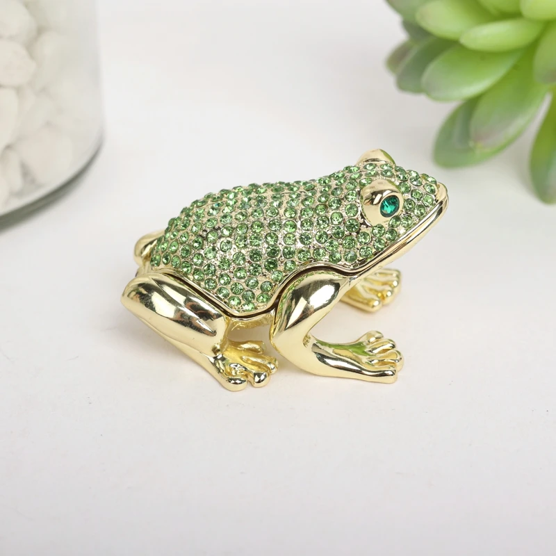 SHINNYGIFTS Crystal Jeweled Frog Trinket Box Hinged Collectible Frog Figurine Decorative Box Ring Holder Hand-Painted