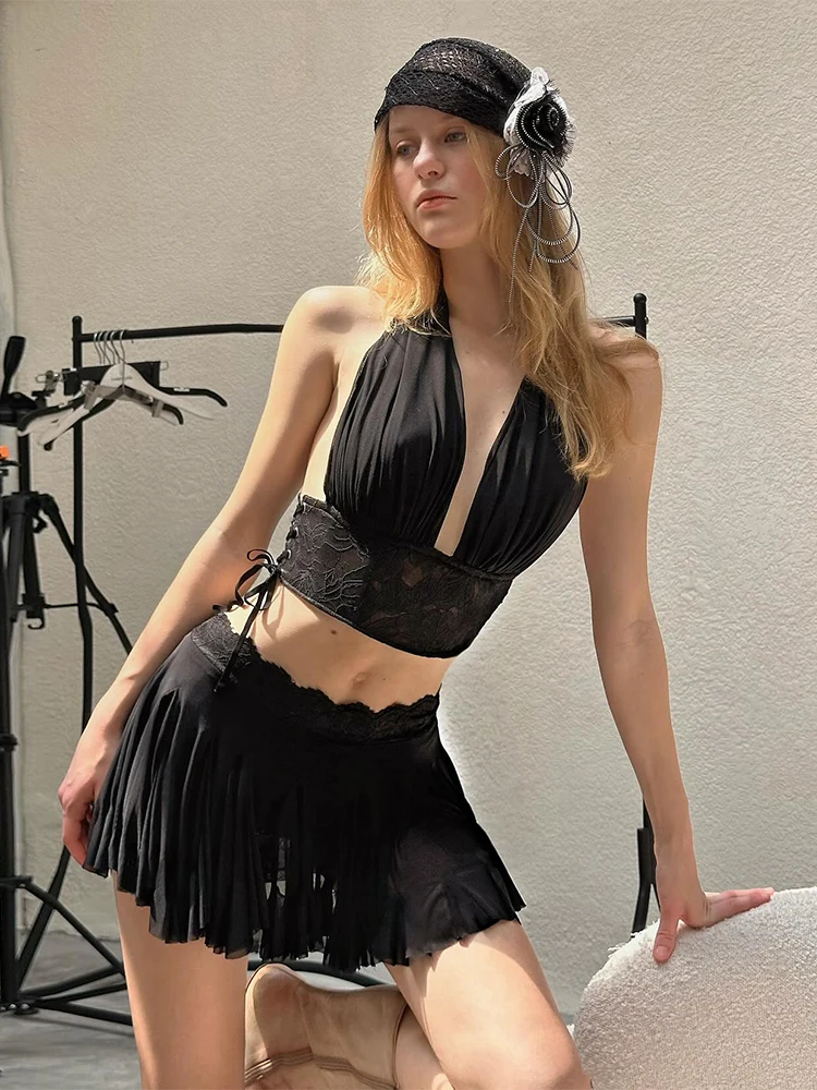 

Macheda Mesh Patchwork 2 Piece Set Women Halter Low-Neck Shirring Backless Crop Tops+Ruffles Skirt Vacation Sweet Style Outfits
