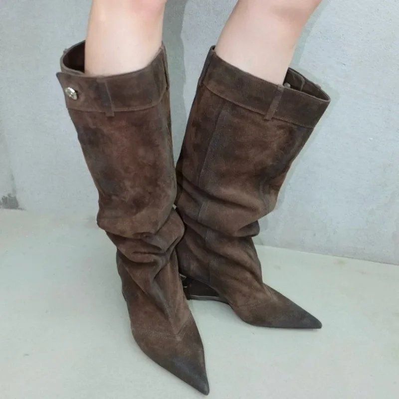 Women's 2025 New Over-the-Knee Knight Boots Fashion Versatile Retro Wind Versatile Ruched Fleece