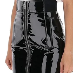 Gothic Glossy Patent Leather Skirts Women High Waist Stretch PU Splicing Pencil Skirts Party Punk PVC Knee Length Skirts Custom