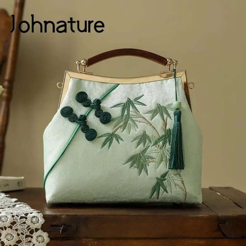 Johnature 2024 New Chinese Style Exquisitely Embroidered Fringed Cheongsam Bag Antique Women Handbag Retro Shoulder Bags