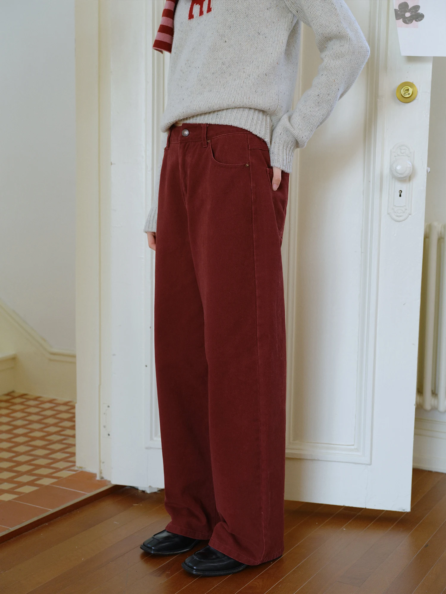 

Джинсы винтажные прямые из хлопка, красно-фиолетовые, с застежкой на молнию, на все сезоны