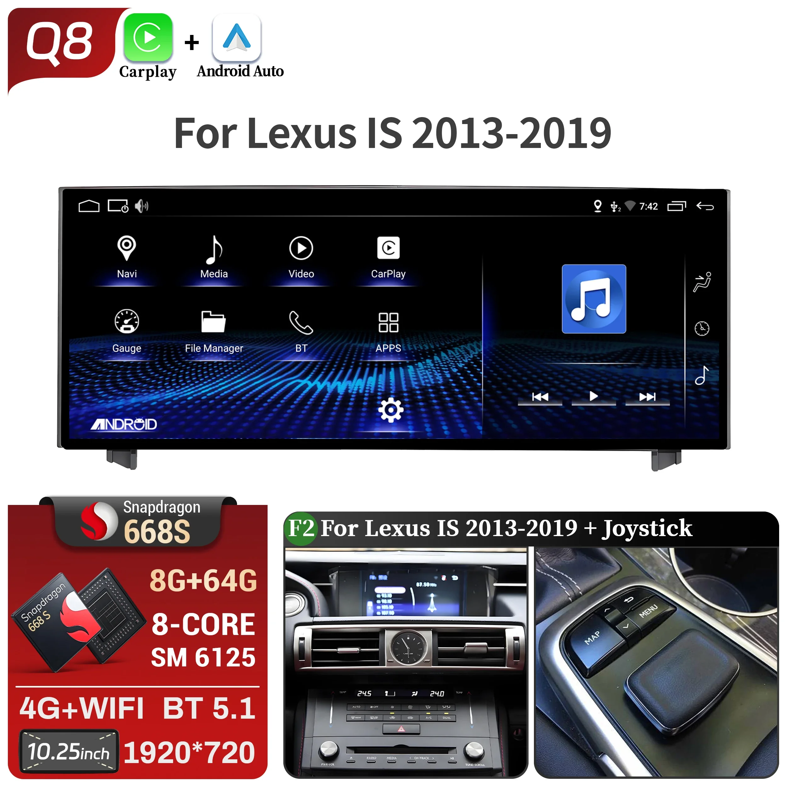 10.25"Android 14 For Lexus IS RC 200 250 300 350 200t 300h 2013-2019 Car Radio Multimedia CarPlay Snapdragon 668S Touch Screen image 3