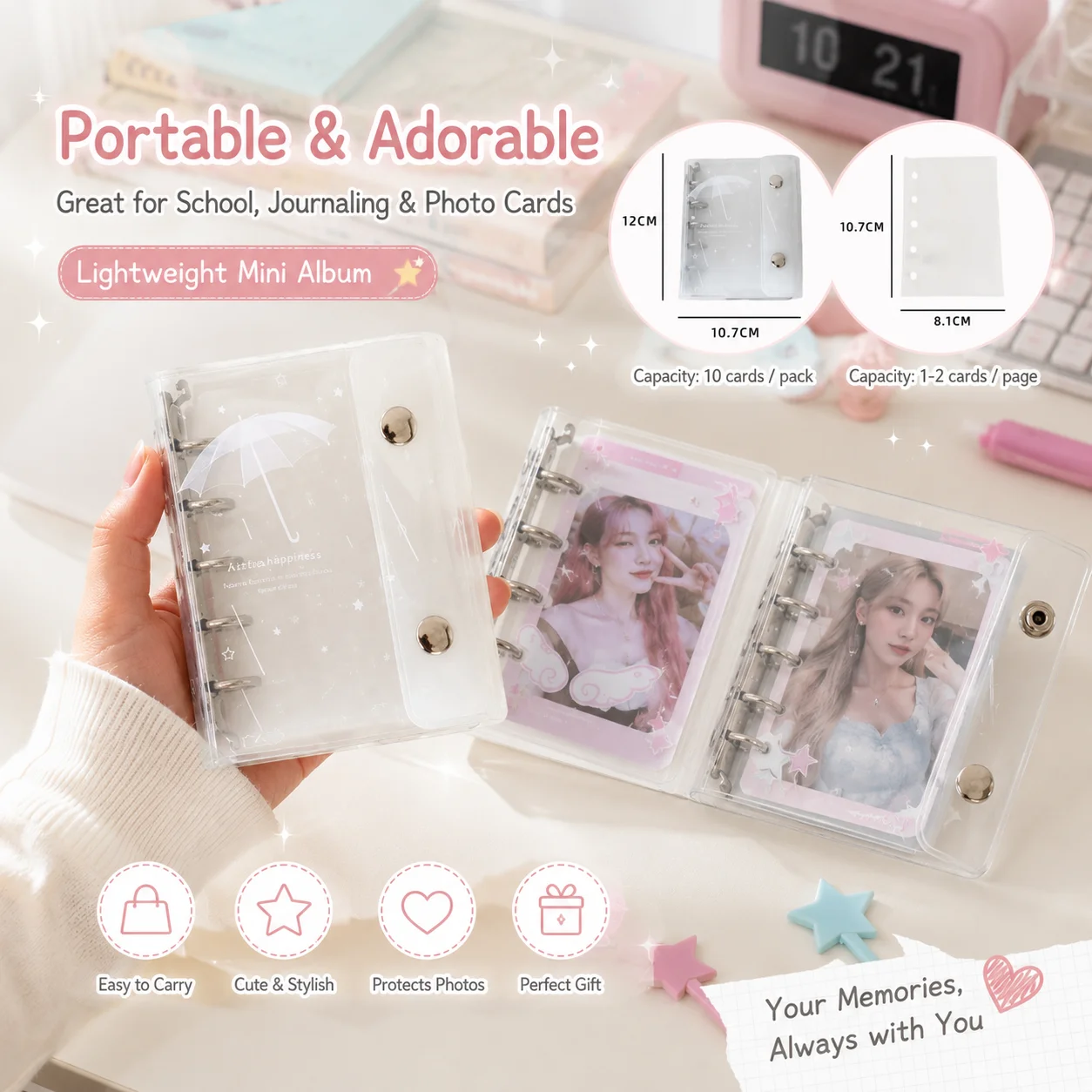 M5 Card Album with Angel Wings, 3 Inch Transparent Photo Card Pouch, Korean Cute Strawberry Notebook for Students