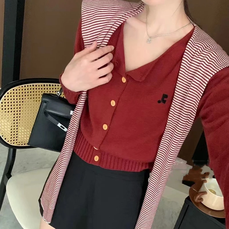 Christmas Red Sweater Striped Shawl Knitted Cardigan Two-piece Suit Women's Sweater Casual Tops Winter Festival Celebration