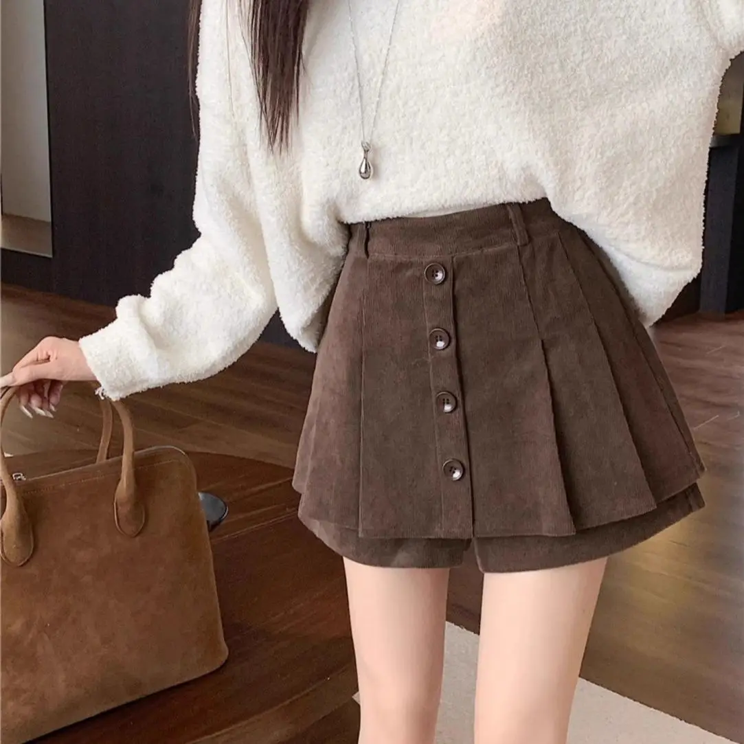 

Japan Corduroy Culottes Women'S Autumn And Winter New Retro Age-Reducing Pleated High Waist Striped A Wide-Leg Shorts