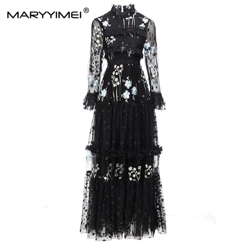 

MARYYIMEI Flare Sleeve Flower Embroidered Ruffle Mesh dress 2023 Spring Autumn New Holiday Waist Up Long Dresses