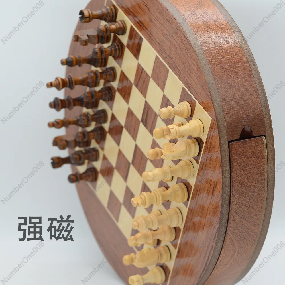 Magnetic Rotating Chess Set, Round Wooden Board with Spinning Drawer Storage, 32 Magnetic Pieces Travel Game