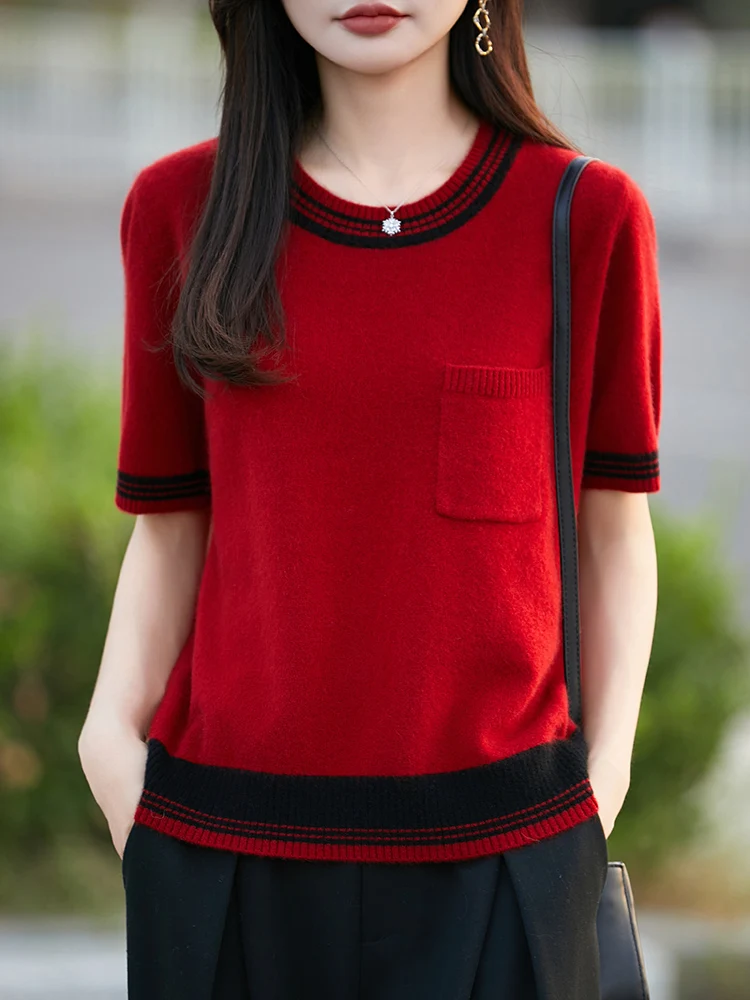 100% Merino Wool T-shirt Spring Summer Women Sweater Short Sleeve O-Neck Pullover Color Blocking Knitted Jumper Female Clothing