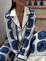 KONDALA Vintage Casual Print Women Suit Single Breasted V Neck Shirts+Loose Wide Leg Long Pants Fashion 2024 Autumn Women Sets