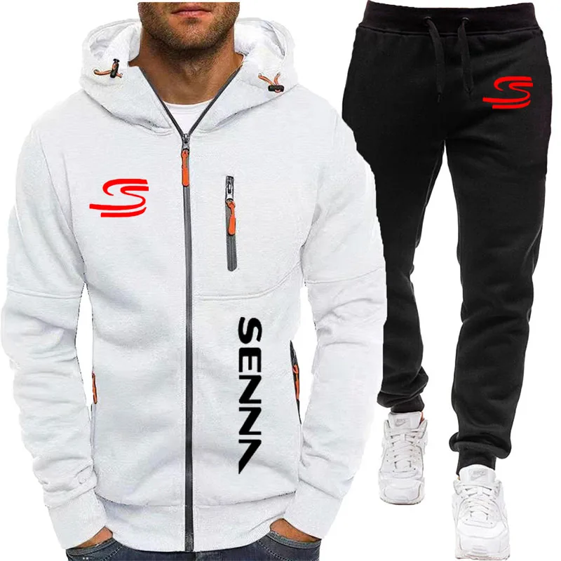 New brand men's sportswear set Hoodie + pants Fashion casual 2-piece Ayrton Senna printed solid color multi-zipper men's set