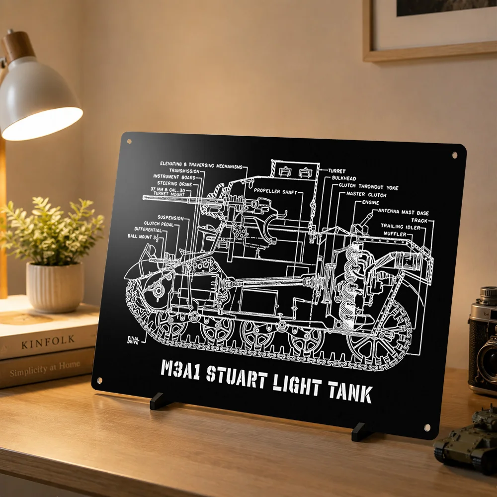 M3A1 Stuart Light Tank Schematic Personalized 3D Textured Metal Poster Wall Art Vintage Tin Signs for Home Decoration Gaming