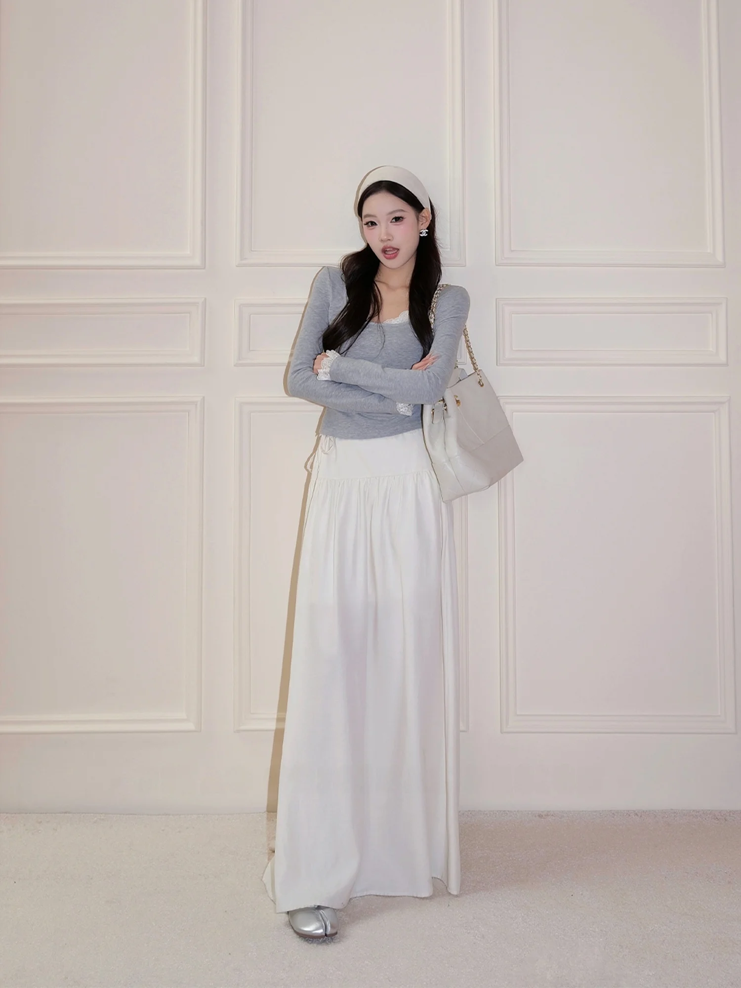 

Original Pure Color Simple Faion round Ne Lace Splicing Knitted Top Women's Cotton Long Sve Crew Ne Color Knit...