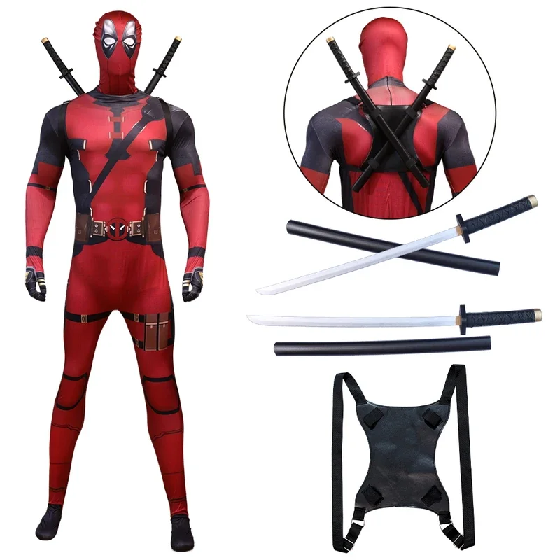Костюм Дэдпула MARVEL с мечами, комбинезон супергероя для косплея, гибкое боди с головным покрытием, Ryan Reynolds Wade Wilson