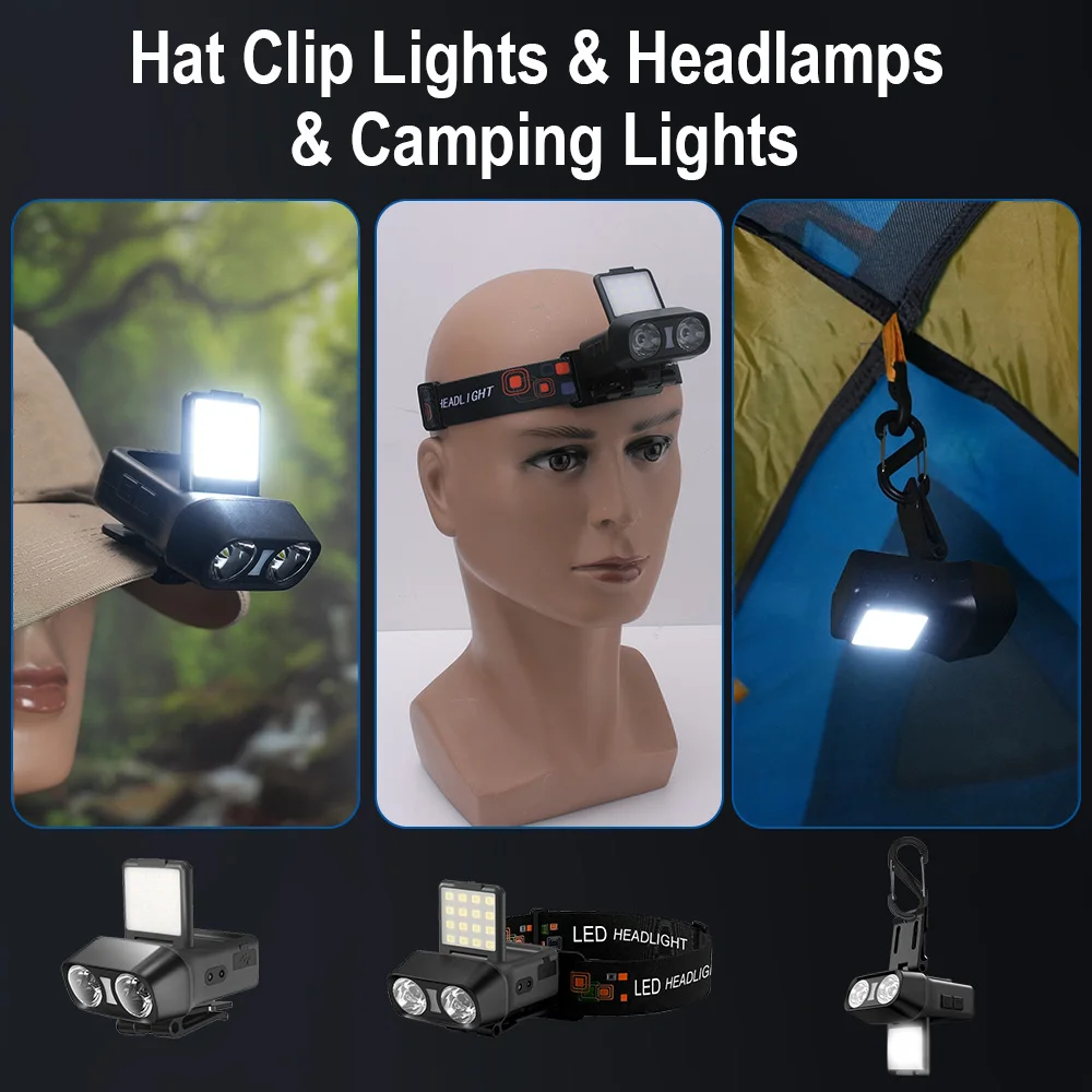 BORUiT Sensor Headlamp Hat Clip Light Powerful LED Type-C Rechargeable Headlight Fishing Work Torch Waterproof Camping Lantern