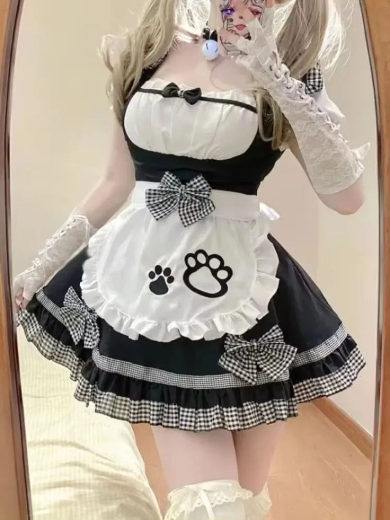 

Harajuku Kawaii Cat Maid Dress for Women Spring New Puff Sleeve Dresses Y2k Summer Grunge Slim Waist Black Vestidos Mujer