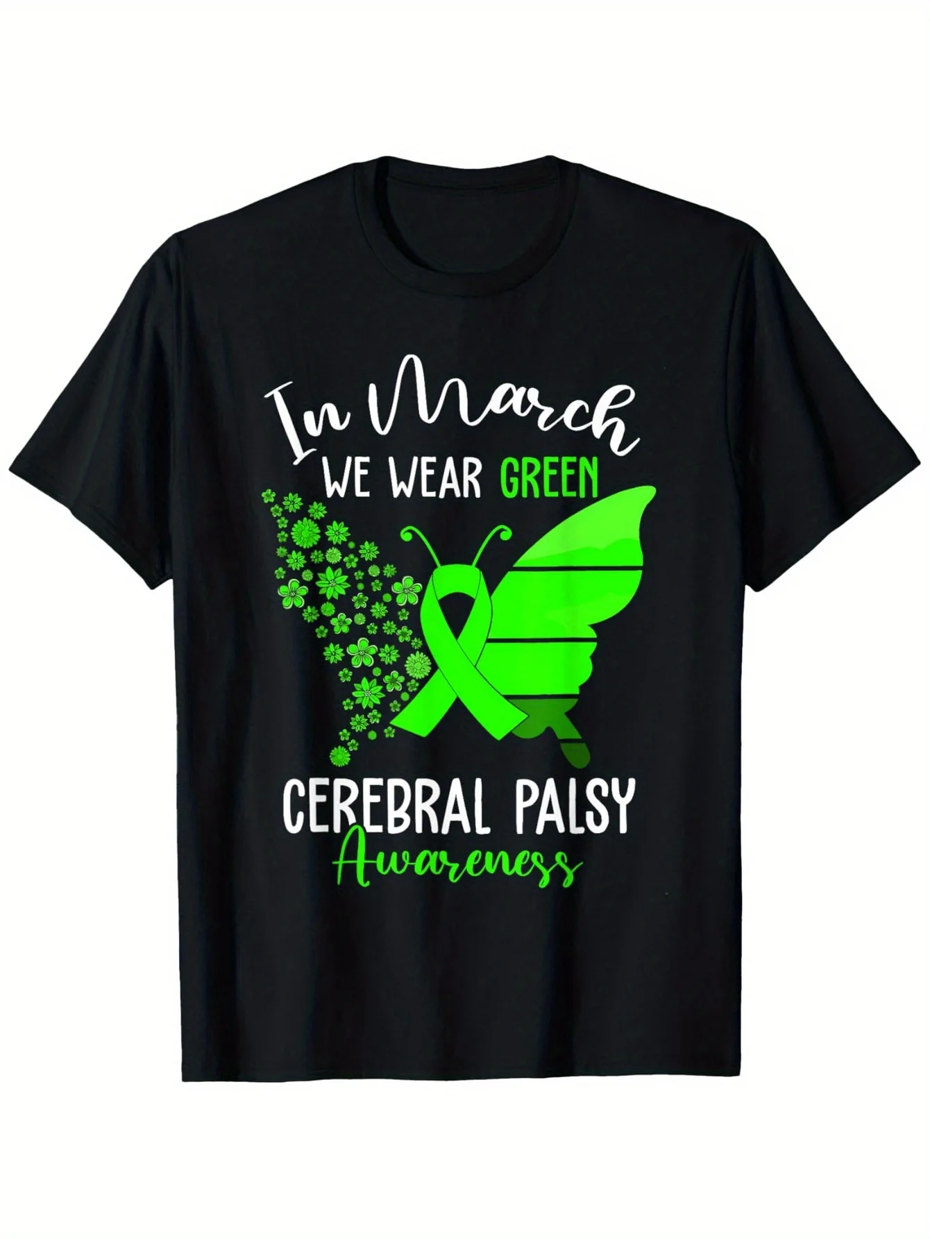 

Cerebral Palsy Awareness Green Butterfly Graphic Tee 100% Cotton Breathable Casual Men's T-Shirt for March Awareness Events