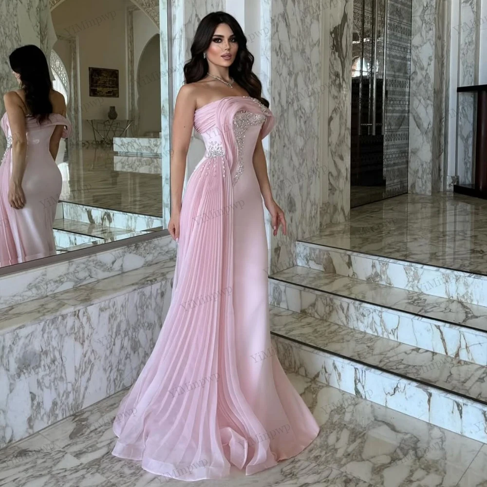 ชุดราตรีคริสตัลสีชมพูแบบเกาะอกทรงเมอร์เมด ปี 2025 หรูหรา ผ้าซาติน แบรนด์ดัง