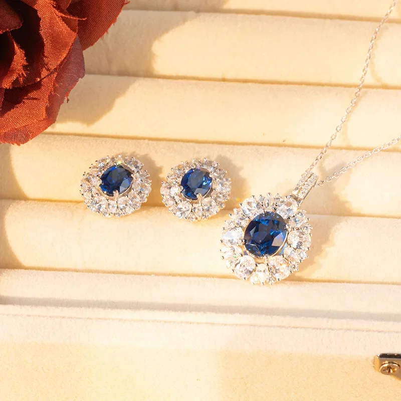 2024 New High Jewelry Cultivated Sapphire Oval 8 * 10mm3 Carat Necklace Stud Earrings Sterling Silver Set