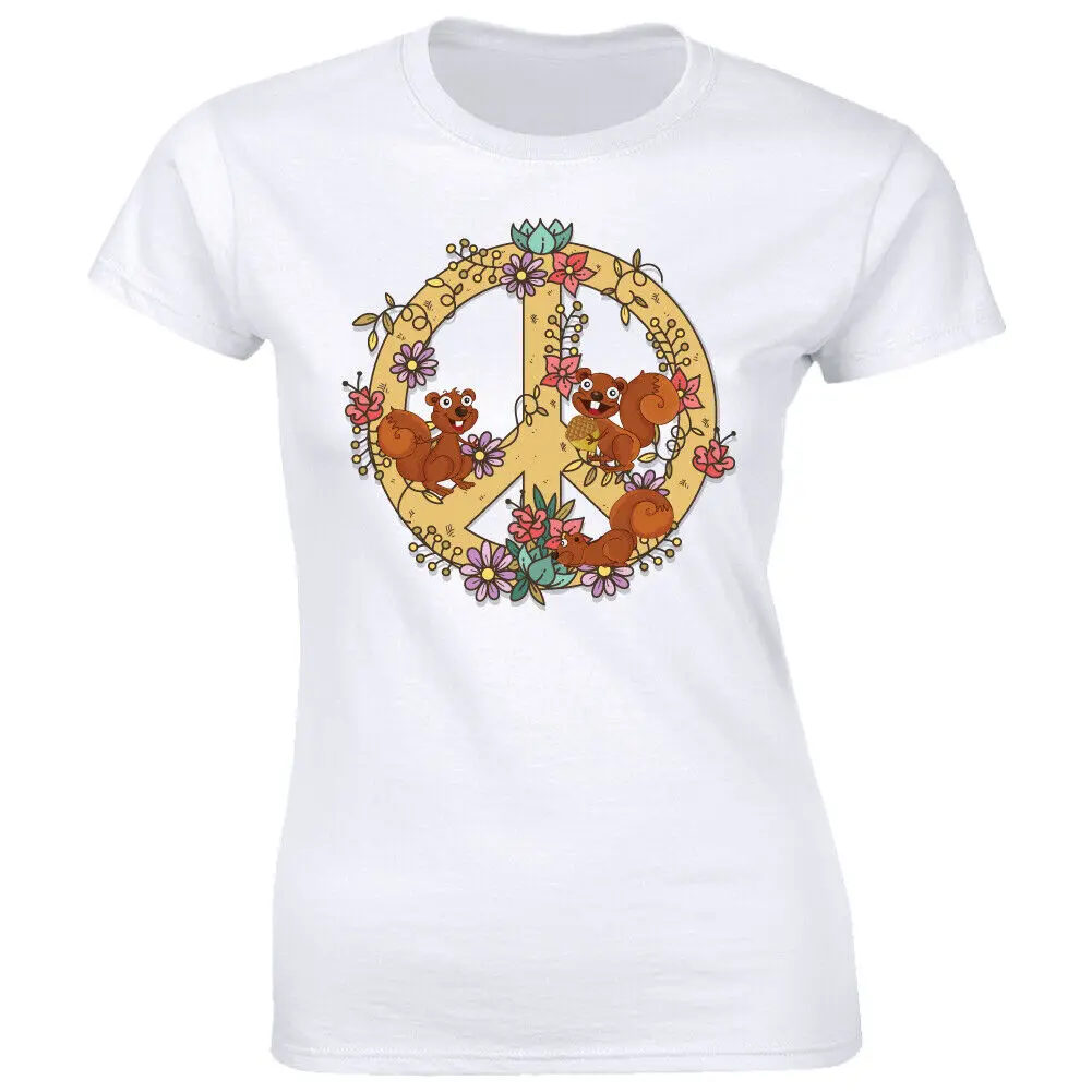 

Squirrels and Flowers with Floral Peace Symbol T-Shirt for Women Animal Lover