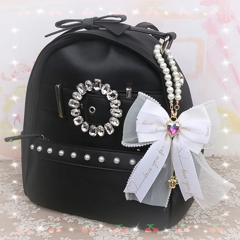 Y2k Lolita Bag Pendant Decor Accessories Imitation Pearl Bow Key Ring Ribbon Rhinestones Keychain Cute Accessary