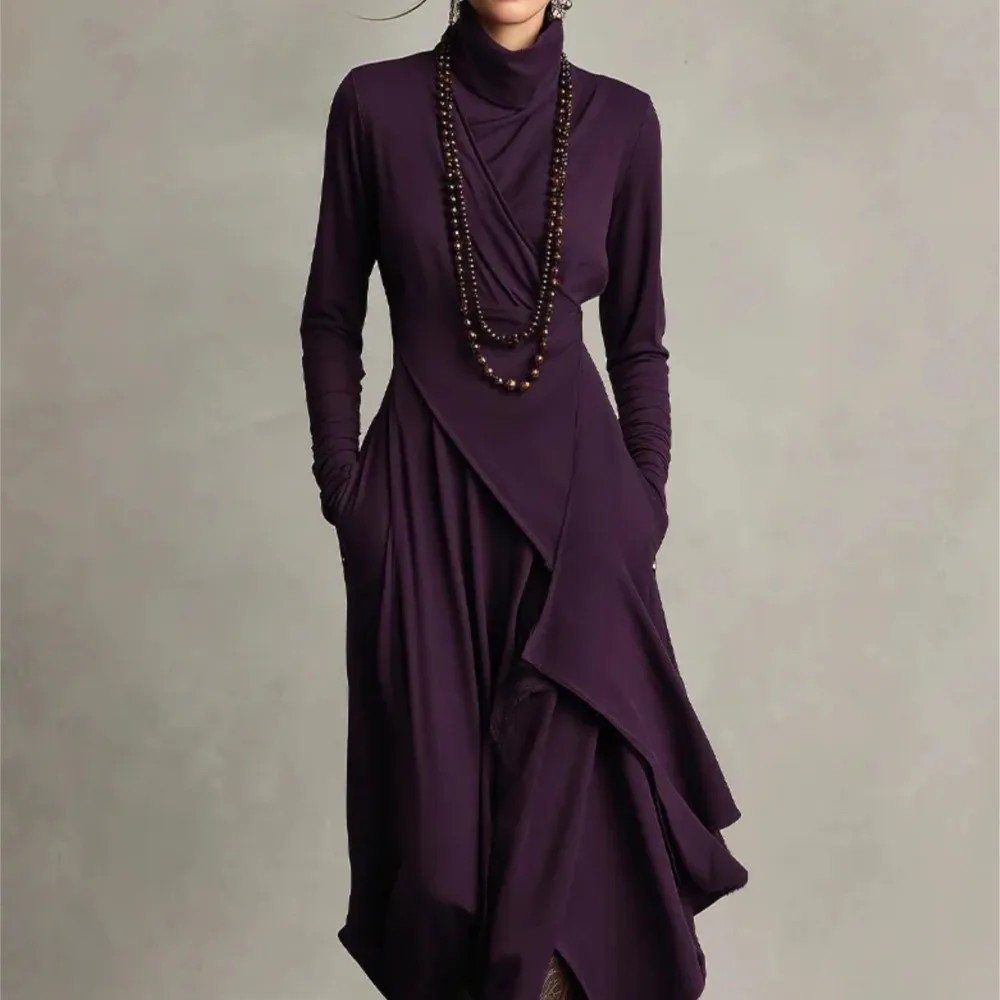 

Spring Autumn Elegant Irregular Simple Dress Solid Color Commuting Style High Waist Pocket Long Sleeve High Collar Long Dresses