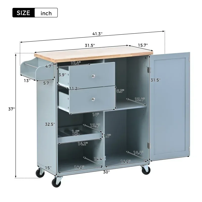 Kitchen Cart with Spice Rack  Towel Rack & Two Drawers Rubber wood top Kitchen Island with 4 Wheels Grey Blue