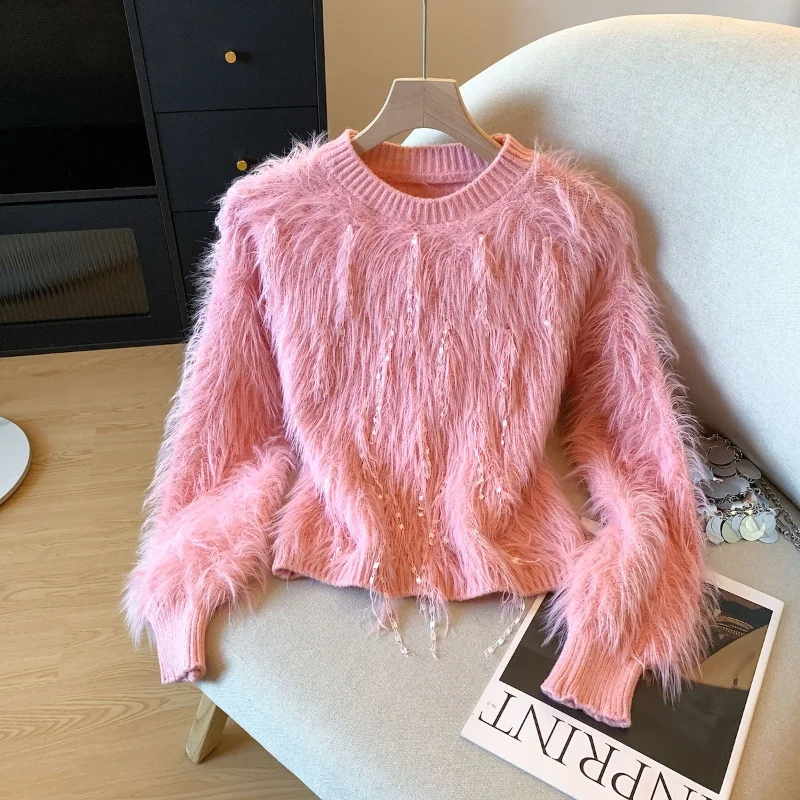High Quality Soft Mohair Sweater Pullover For Women's Fashion Autumn Winter Long Sleeve Vintage tassel Casual Knitwear Tops