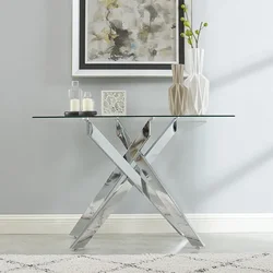 Table console étroite argentée avec dessus en verre du Guatemala, pieds tubulaires en métal, style moderne, 45 po, Lx18 Wx30 H